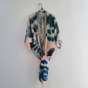 Sukiso Teal Goddess Tie Dye Swim Beach Cover Up One Size Maxi‎ Flowy Gold